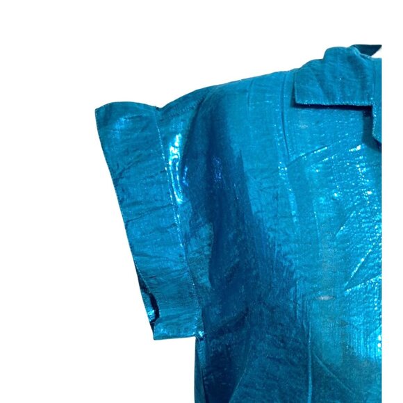 Vintage Blue Top Womens Size 3 Metallic Button Up Short Sleeve Shirt by Nina NOS - Picture 7 of 14